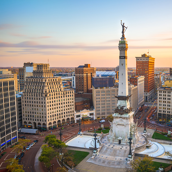 The Indianapolis, Indiana city skyline.