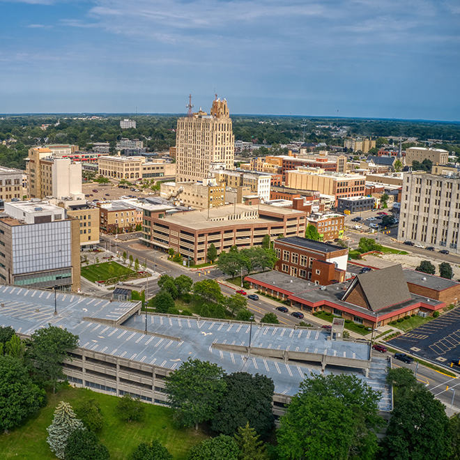 The Flint, Michigan skyline.