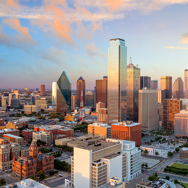 The Dallas, Texas city skyline.