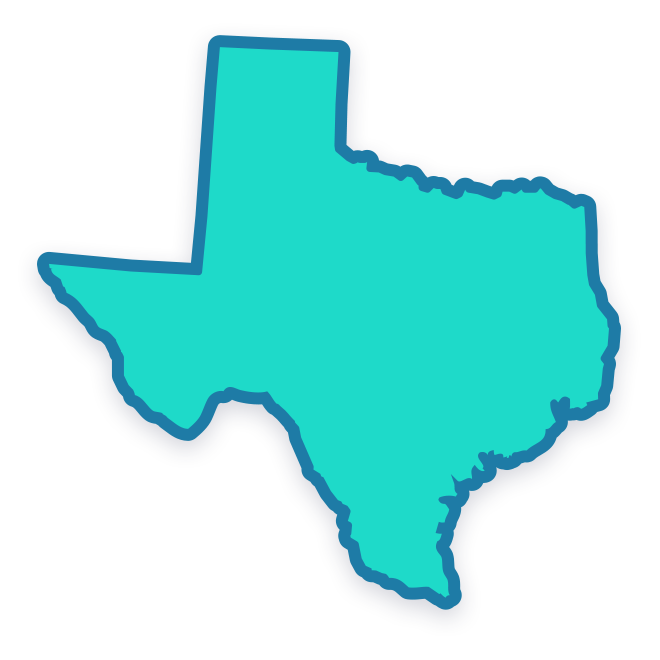 A turquoise silhouette of the state of Texas.